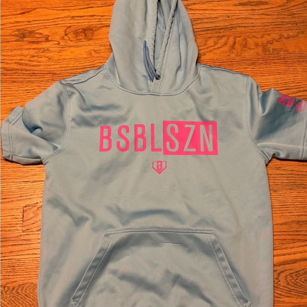 BSBL SZN Men’s Light Blue Pullover Hoodie with Pink Logo
